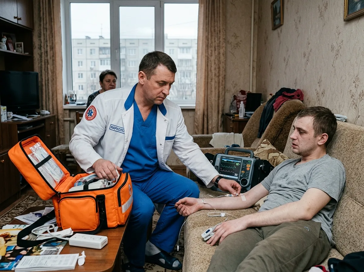 Экстренная наркологическая помощь при острой алкогольной или наркотической интоксикации дома у пациента в Волгограде, врач работает с оборудованием