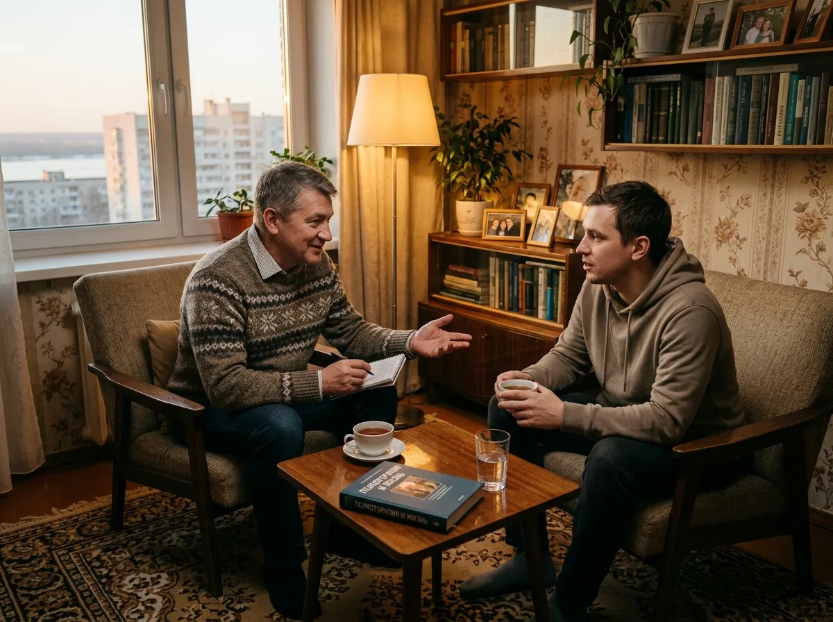 Психотерапевт нарколог проводит мотивационную беседу с пациентом дома в Волгограде, тёплая обстановка, доверительный разговор