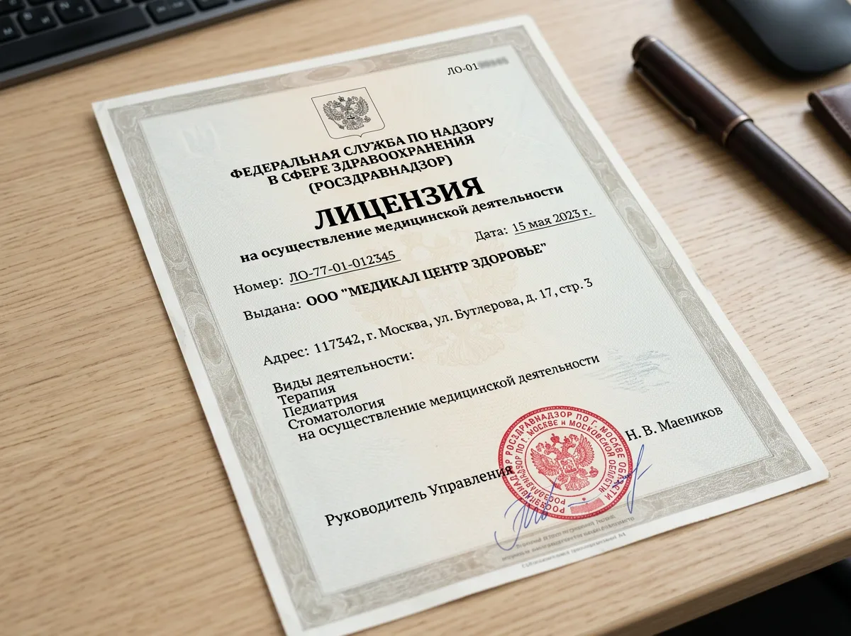 Лицензия Росздравнадзора на осуществление медицинской деятельности — документ с печатью, светлый фон, официальный бланк