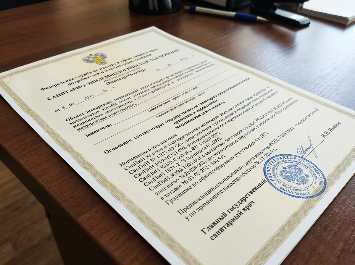 Санитарно-эпидемиологическое заключение Роспотребнадзора о соответствии медицинской деятельности нормам СанПиН, печать, официальный бланк