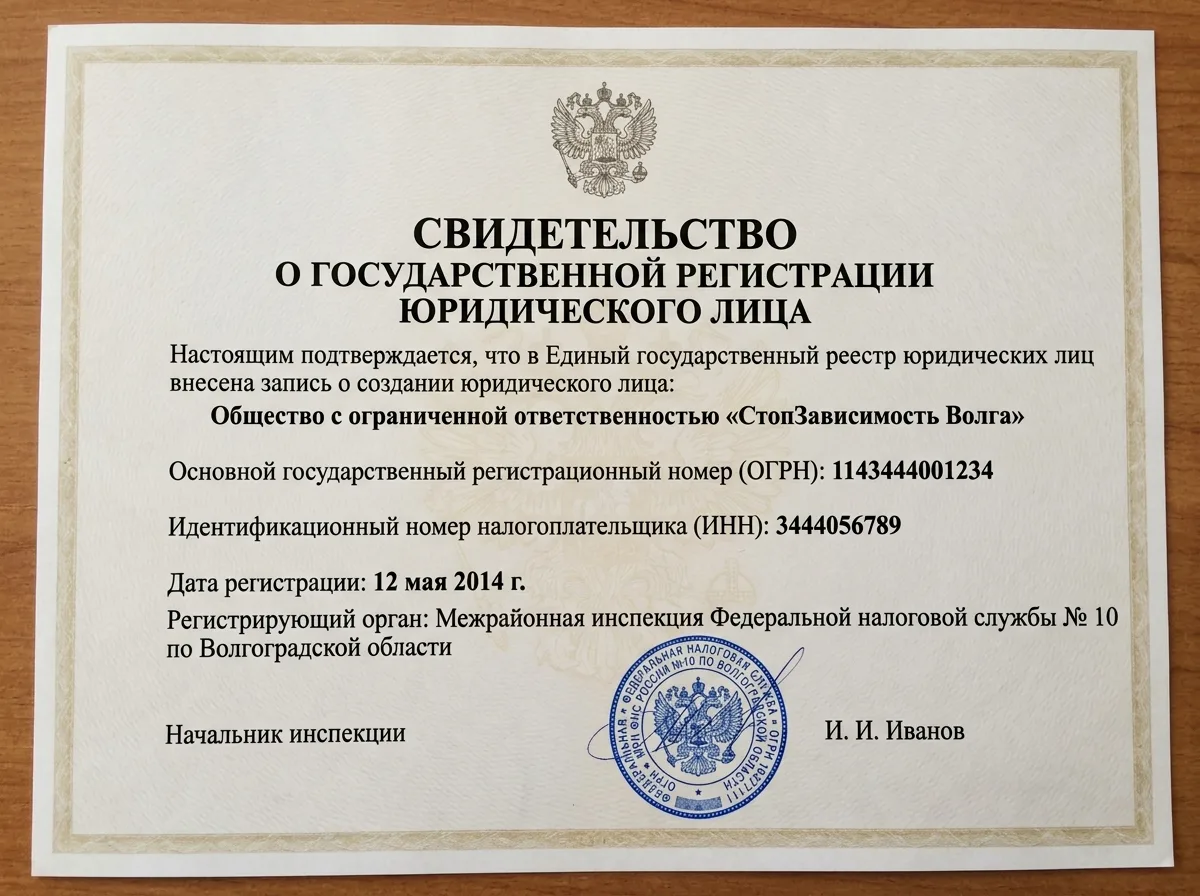 Свидетельство о государственной регистрации юридического лица ООО СтопЗависимость Волга, ИНН и ОГРН, официальный документ